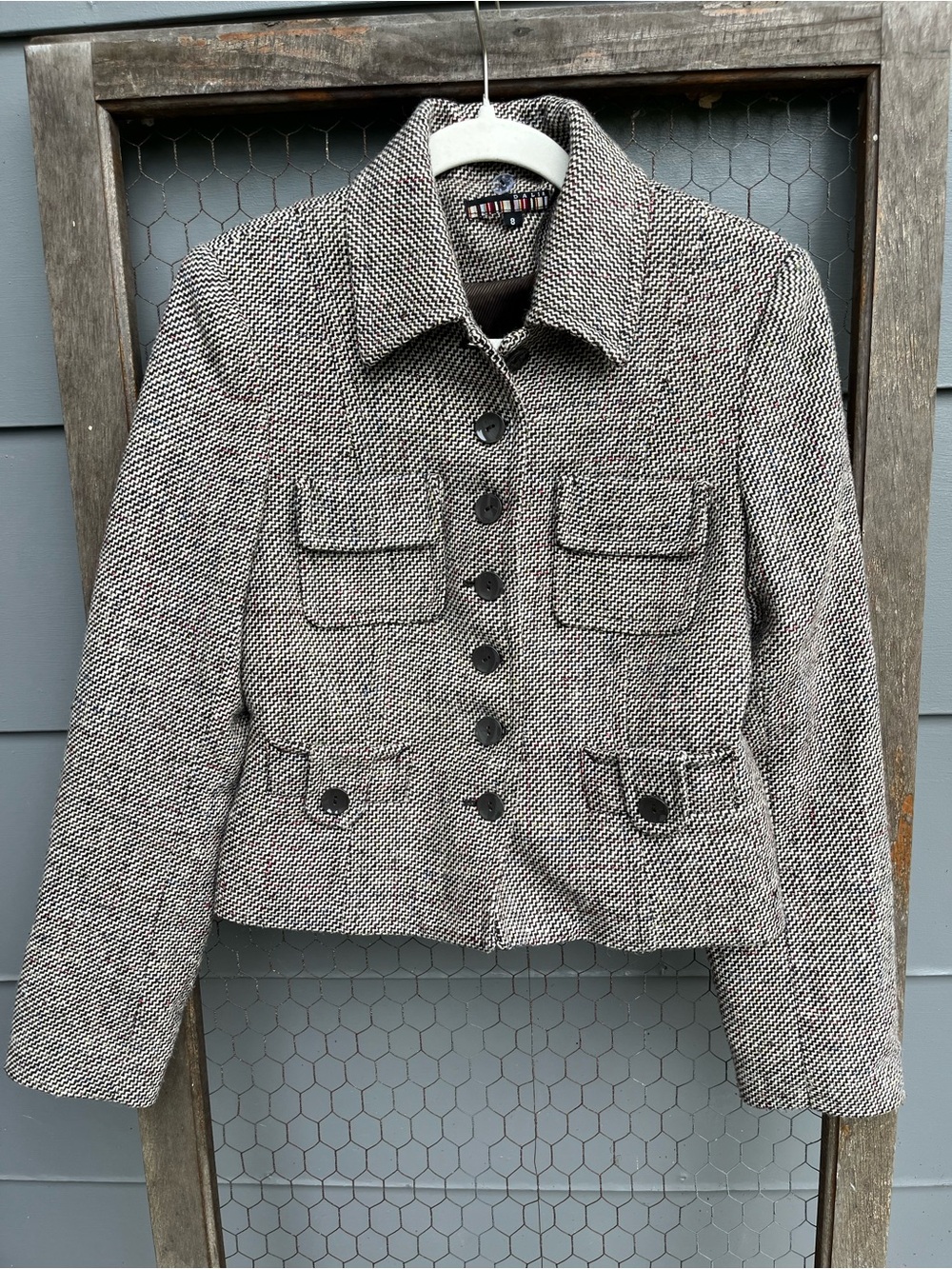 Dalia Wool Blend Tweed Cropped Blazer Jacket Button Down Sz 8